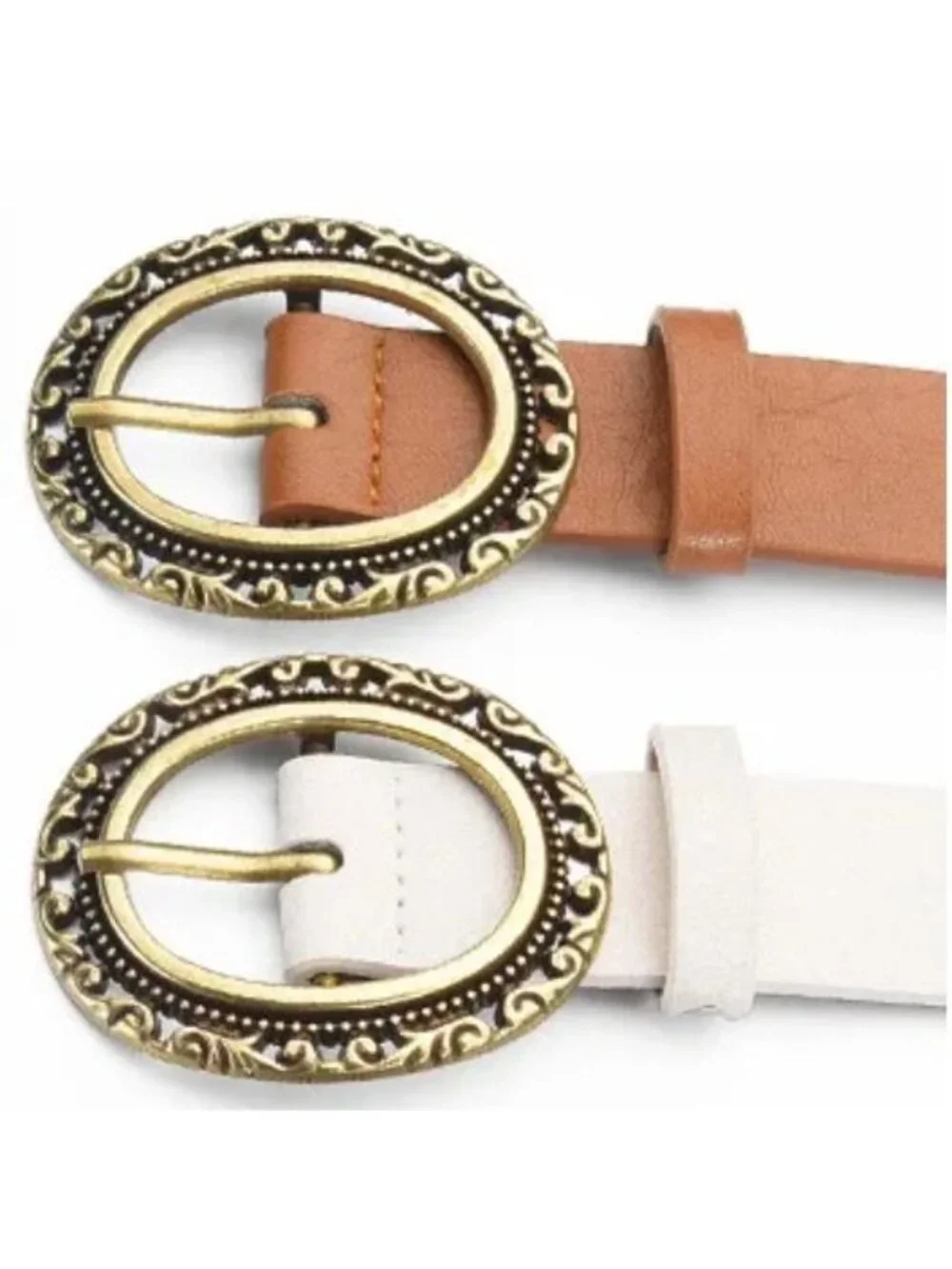 Vintage-Style Oval Buckle Faux Leather Belt Set of 2 White & Brown